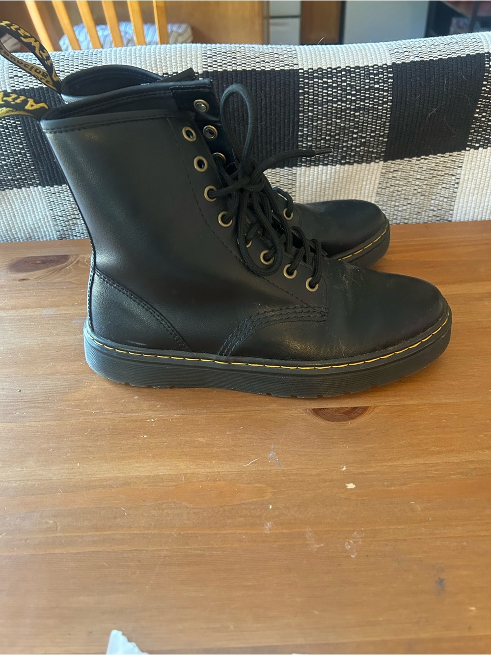 Dr. marten Black Youth Lace-Up Combat Boots with Yellow Stitching Ladies 8